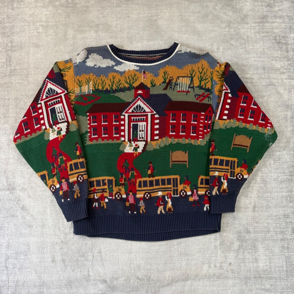Vintage Teacher Sweater Womens XL Blue Schoolhouse Scene Knit Crewneck Granny